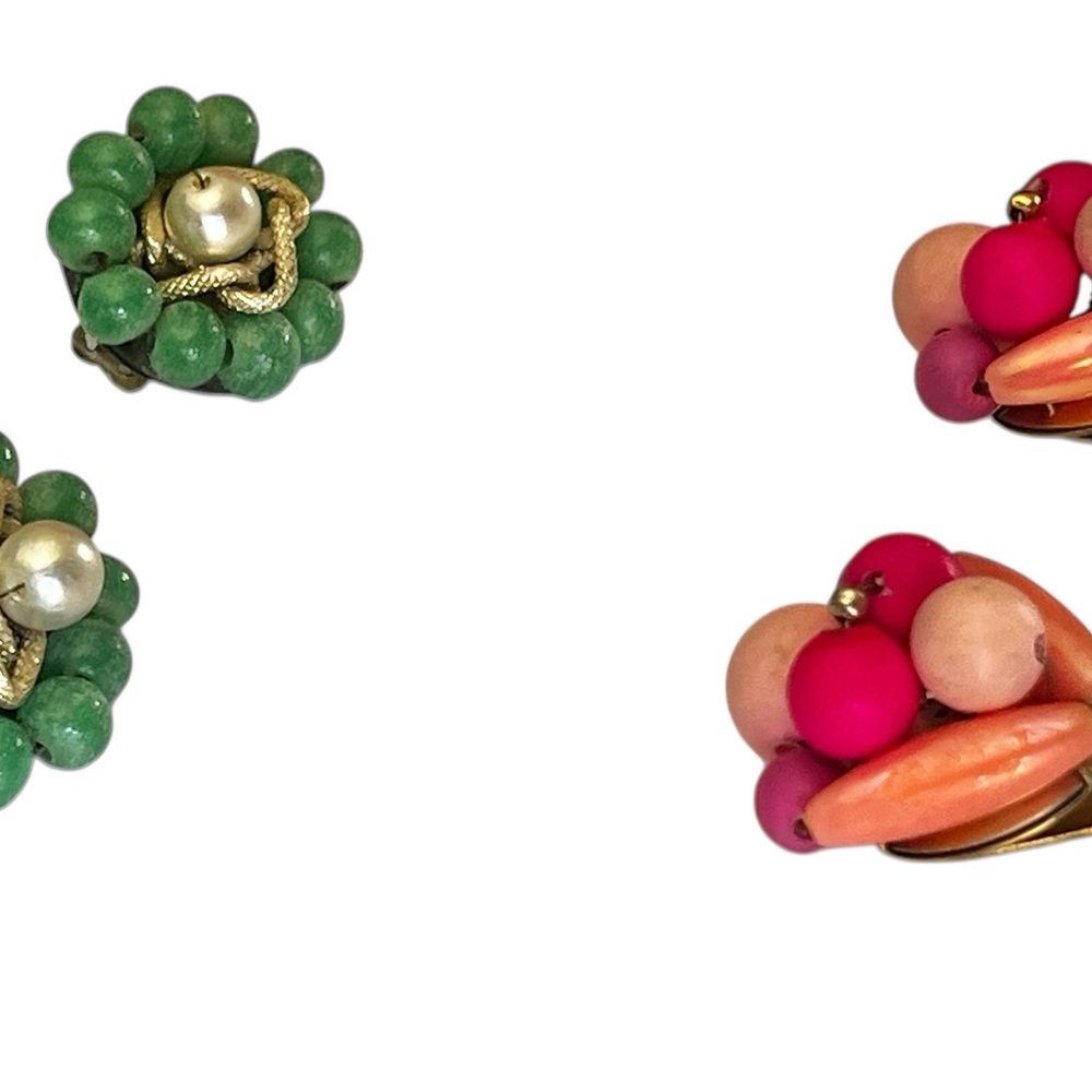 Vintage Clip-On Earrings Set Green w/ Faux Pearl & pink w/ Magenta Multicolor - Picture 4 of 15